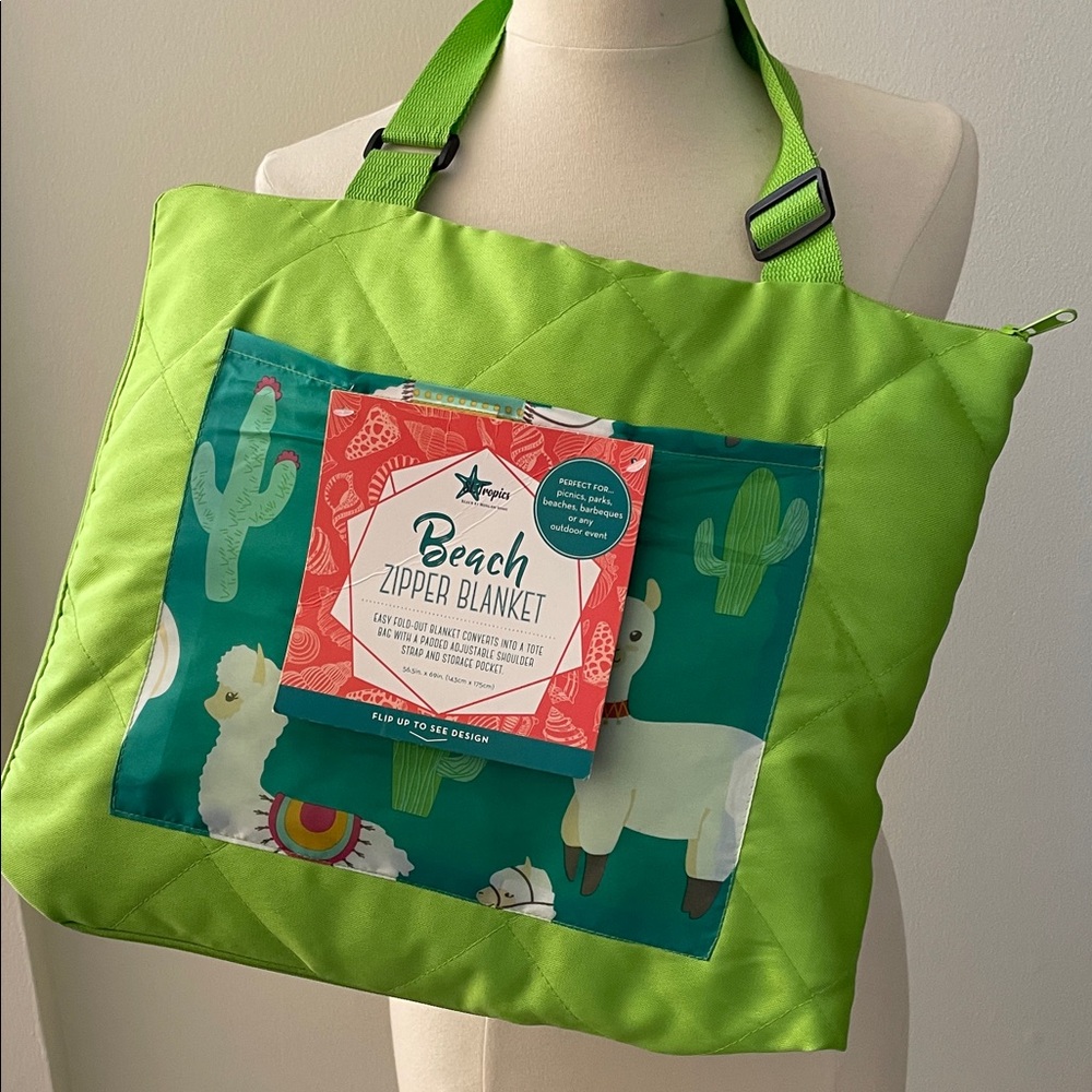 Green Beach Zipper Blanket Tote New